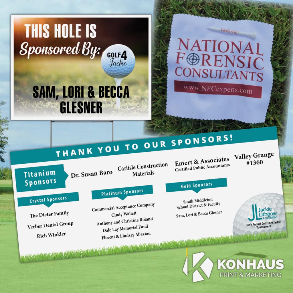 Graphic with images of golf tournament products at a golf course
